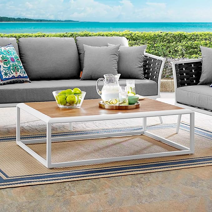 Modway Stance Outdoor Patio Contemporary Modern Wood Grain Aluminum Coffee Table In White Natural