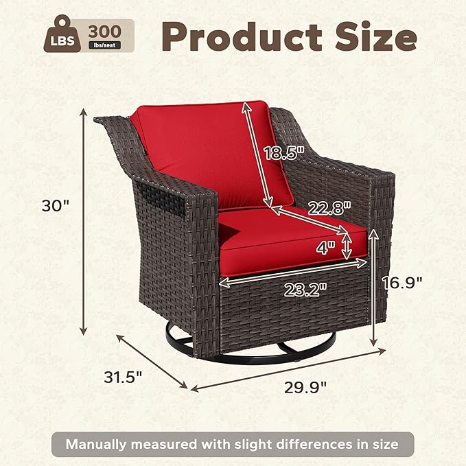 Outdoor Furniture Swivel Chair, Patio Glider Wicker Rocker Seating with Cushions for Porch Deck Balcony (Red)