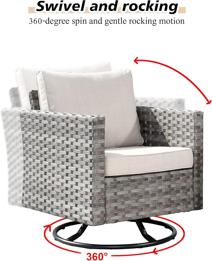 HOOOWOOO Outdoor Patio Sectional Furniture Sofa Set with Swivel Rocking Chair,8 Piece Modern Wicker Couch with Widened Armrest,Modular Conversation Seating Set for Garden(Beige Tan)