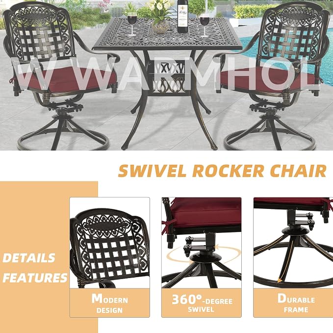 5 Piece Patio Dining Set, Outdoor Table and Chairs Set for 4 Cushioned Swivel Rocking Chairs and 35.4'' Square Table, All-Weather Cast Aluminum Patio Funiture Set, 2.2'' Umbrella Hole, Red