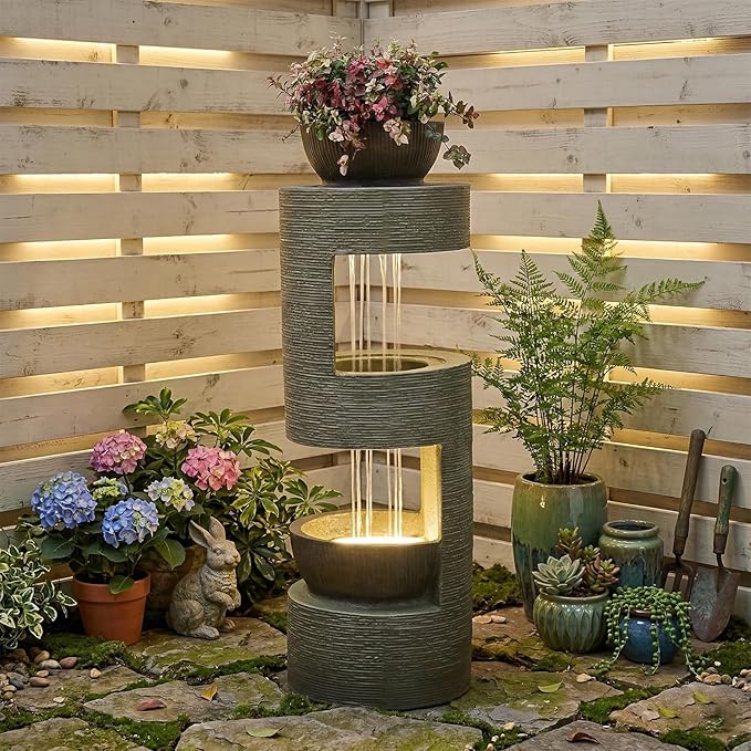 Sunlinua 33" H Modern Outdoor Water Fountain Cascading Realistic Rock Waterfall Fountains with LED Warm Lights Outdoor Water Fountain for Garden Patio Backyard Porch Home Decor Brown