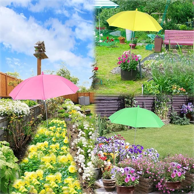 SHEING Plant Umbrellas for Outdoor Plants, 3 Pack 35.4” Extra Wide Canopy, 47.2” Tall Plant Shade Umbrella for Potted Plants, Flowers & Garden Beds, 3 Colors