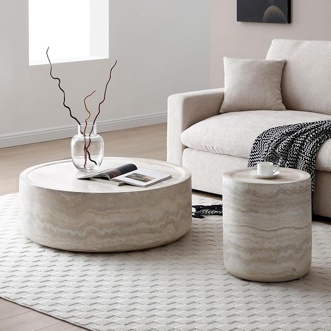 15.74" Round Side Table Small Faux Marble Pattern Coffee Table French Country Rustic Side Table End Table for Living Room,No Need Assembly.Light GrayØ15.74"