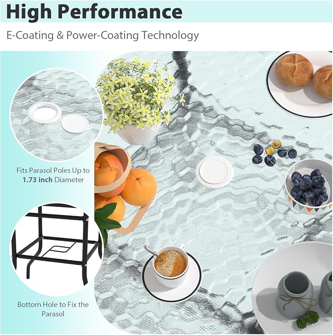 MKDLUFEI Square Outdoor Table, Patio Table with Umbrella Hole Tempered Glass Metal Table Outdoor Dining Table Garden for Deck, Yard, Balcony, Pool (Square)