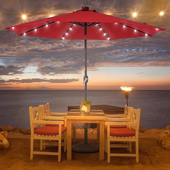 9ft Patio Umbrella Outdoor with Solar Lights,32 LED Lighted Table Market Umbrella with Tilt and Crank, 2-Year-Non-Fading, 8 Sturdy Ribs,for Pool, Deck, Garden,Backyard