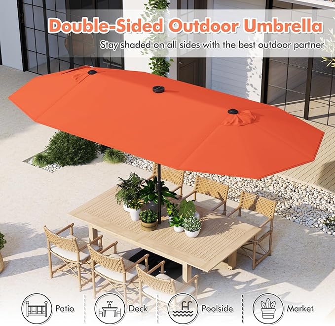 HAPPYGRILL Double-Sided Patio Umbrella with Solar Lights, 13FT Large Umbrella with Base Included, Crank Handle, Market Twin Table Umbrella for Outdoor Backyard Garden Poolside