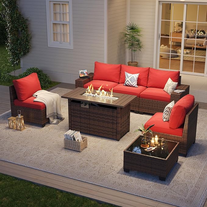 Aoxun Outdoor Furniture with 44'' Fire Pit, 7 Pcs Patio Furniture Set with 4in Thicken Cushion, Widen Armrests Wicker Outdoor Sectional for Backyard (Waterproof Cover Include)