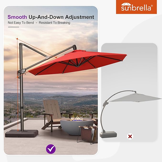 PURPLE LEAF 10' X 10' Cantilever Patio Umbrella with Base Included Round Umbrella with 360° Rotation Aluminum Outdoor Offset Hanging Umbrella for Patio Pool, Red