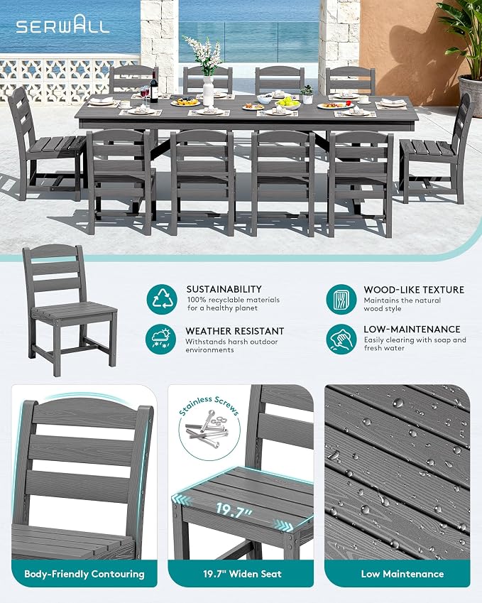 SERWALL 10 Piece Outdoor Dining Set with 15ft Triple-Head Foldable Umbrella(Based not Included), 84" HDPE Outdoor Table and Armless Chairs Set for 8, Gray