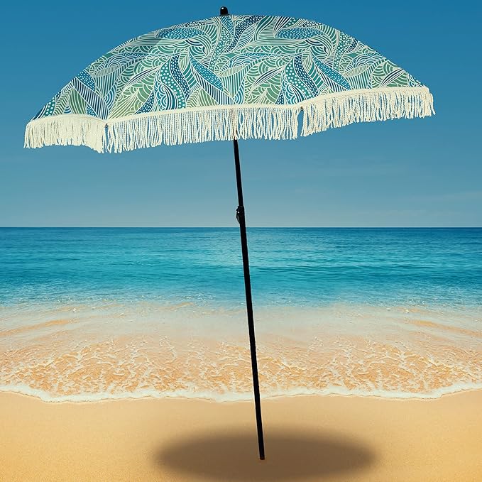 Beach Umbrella for Sand –Windproof with Sand Anchor Bag, Portable, Fringe, Denim Bag, Features Pointed Bottom,100% UV Sun Protection – Seacove