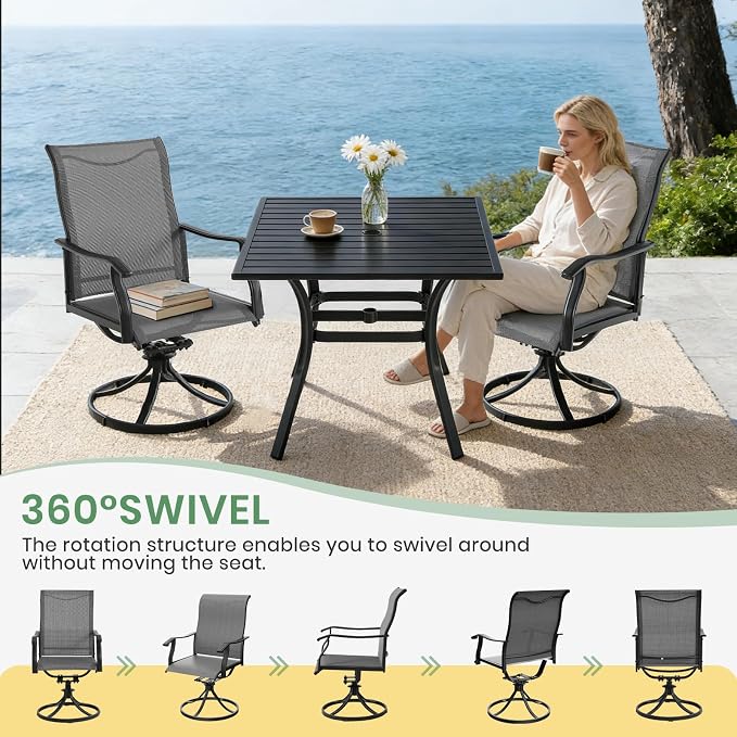 LVUYOYO 7-Piece Outdoor Patio Dining Set, Textilene Swivel Chairs & Rectangular Table Set, All-Weather Table and Chairs Set with Umbrella Hole for Backyard, Garden,Balcony,Porch (Gray)