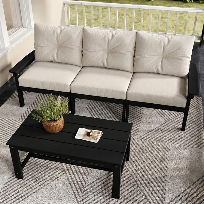 HDPE Patio Sofa Set, 4-Piece Sectional Outdoor Patio Furniture Set, All Weather Outdoor Couch Set with Coffee Table & Beige Washable Thick Cushions for Balcony, Porch(Black Frame)