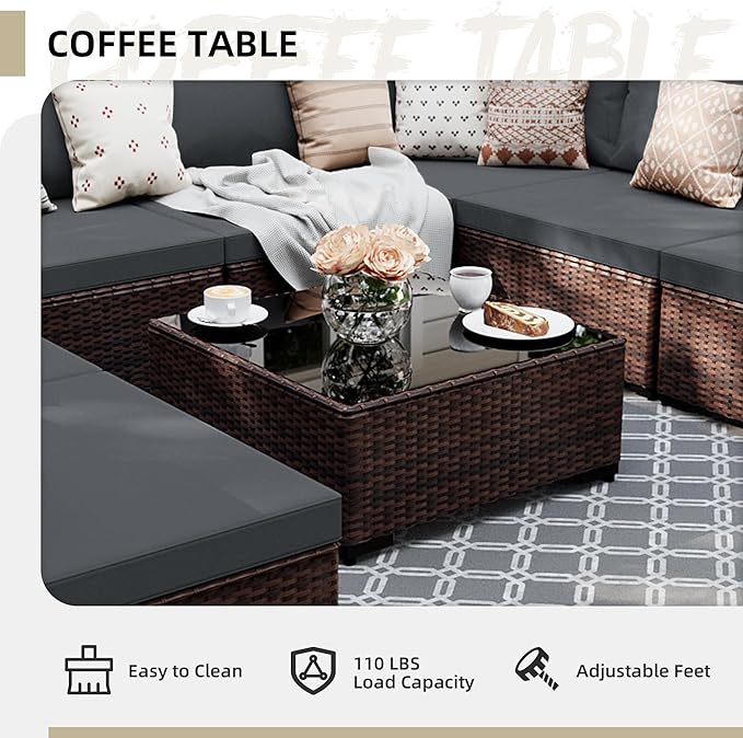 UPHA 9 Pieces Patio Furniture Sets, Wicker Outdoor Sectional Sofa Couch with Coffee Table, Patio Conversation Set for Deck Backyard Garden, Brown Rattan, Dark Gray Cushion