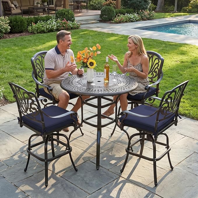 MEETWARM Patio Height Bar Table, 38.5" Bar Height Bistro Table, Outdoor Cast Aluminum Bistro Round High Top Dining Table with 2" Umbrella Hole for Garden Deck Backyard, Dark Bronze