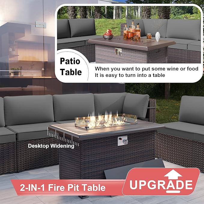 Kurapika 11 Pieces Patio Furniture Set, Rattan Wicker Outdoor Conversation Sets w/43in Propane Fire Pit Table and 4 Inch Cushion(Grey)