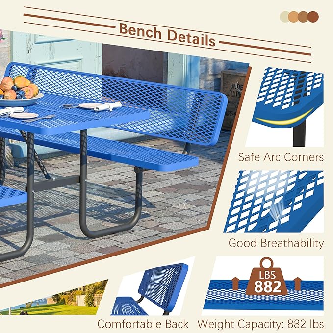 72'' Heavy Duty Outdoor Picnic Table with Backrest - Commercial Grade Rectangular Steel Picnic Table Set, Umbrella Hole, Rust-Resistant Metal Mesh Tabletop for Patio, Garden, Park, BBQ - Blue