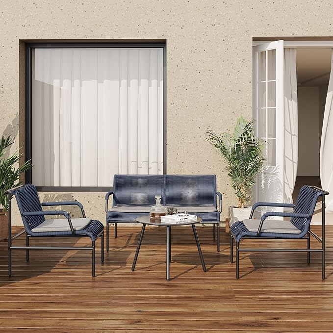 East Oak 4 Piece Patio Furniture Set, Outdoor Furniture with PE Wicker Rattan Chairs and Coffee Table, Modern Patio Conversation Set with Soft Pad for Garden, Backyard and Porch, Navy Blue