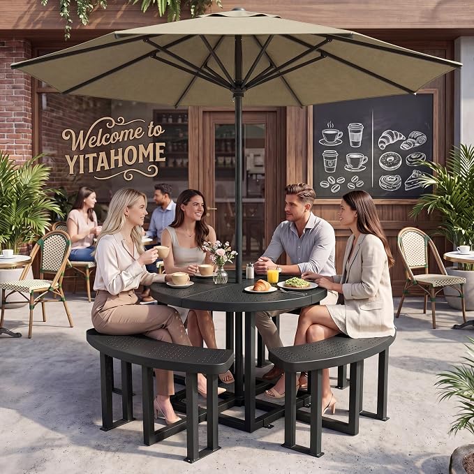 YITAHOME 38" Round Metal Picnic Table with Umbrella Hole, Q235 Carbon Steel Heavy Duty Outdoor Table, Black Industrial Patio Set for Backyard, Park, and Lawn