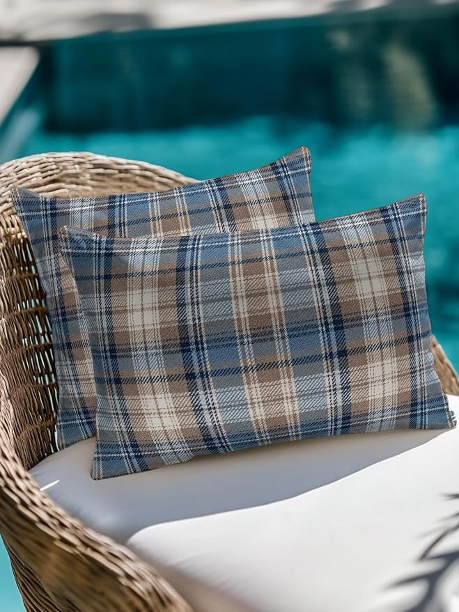 Waterproof Outdoor Pillow 1 Pack Beige Checked Plaid Decorative Throw Pillows Cover & Insert 20x12 Inch Lumbar Pillowcase Stripes Woven Grid Pillows for Couch Sofa Bed Patio Furniture Indoor Outdoor