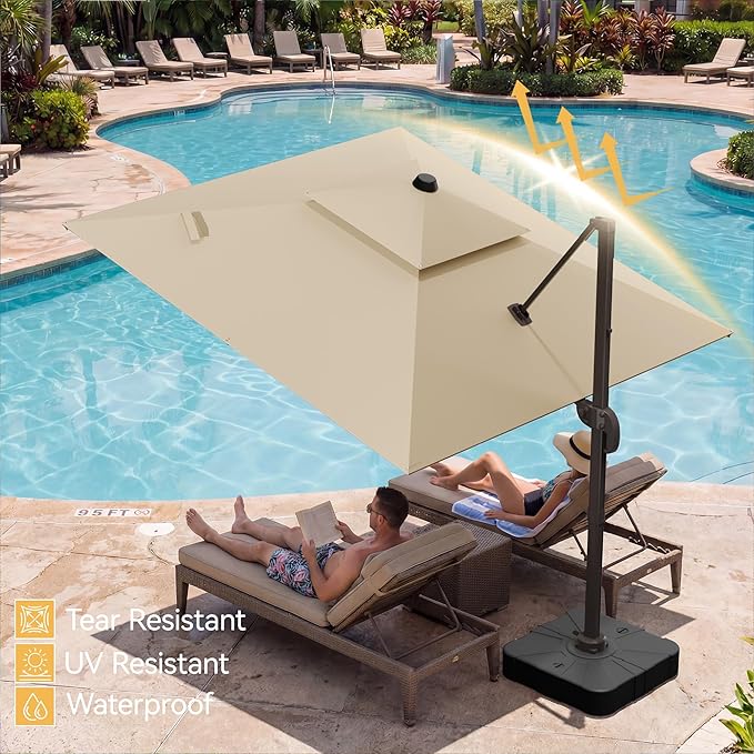 10x10 FT Patio Umbrella, Large Cantilever Double Top Heavy Duty Offset Umbrellas with 360° Rotation, Outdoor shade for Garden Deck Pool, Beige