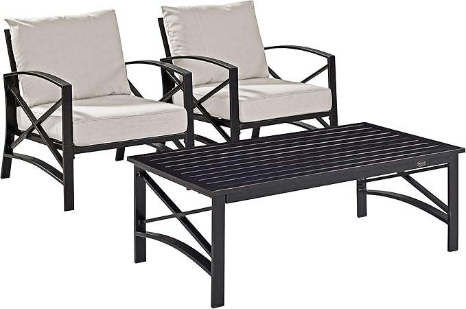 Crosley Furniture Kaplan 3-Piece Outdoor Chair and Coffee Table Set, Wicker Patio Conversation Sets for Deck, Oiled Bronze with Oatmeal Cushions