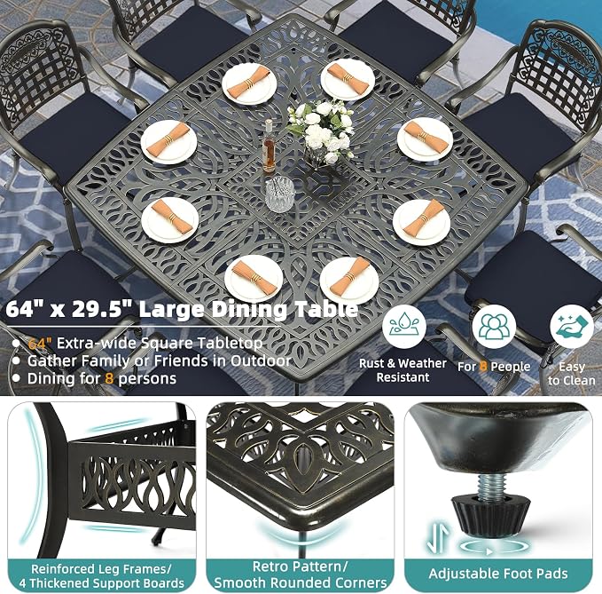 MEETWARM 9-Piece Outdoor Patio Dining Set for 8, All Weather Cast Aluminum Patio Funiture Table and Chairs Set- Large 64" Square Table and 2 Swivel Rocker Chairs, 6 Stationary for Garden, Navy Blue