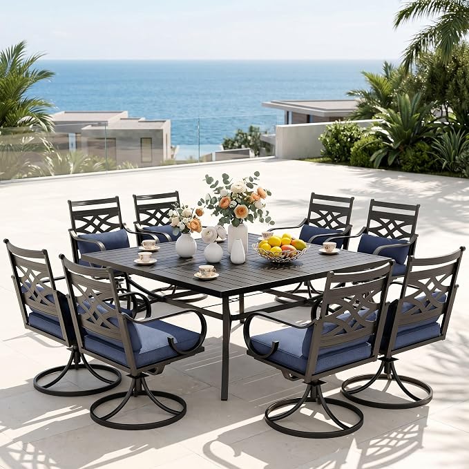 PHI VILLA 9 Piece, Outdoor Dining Set, 57.5" Square Metal Table, Blue | Wrought Iron, Swivel Chairs, Umbrella Hole