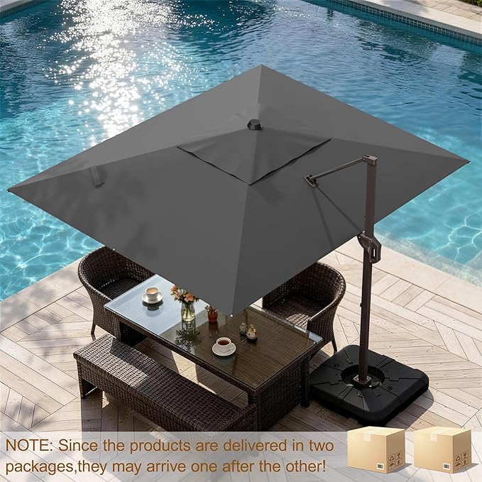 9' X 12' Cantilever Patio Umbrella Rectangle Outdoor Umbrella with Base Included, 6-Level Tilt & 360° Rotation Offset Umbrella for Garden, Deck, Pool (Grey)