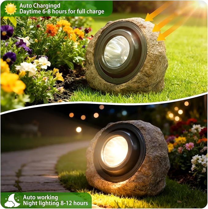 Solar Rock Lights Outdoor,4 Pack IP65 Waterproof LED Solar Brown Garden Stone Spotlights,Warm White & Cool White Switchable,Auto On/Off Landscape Lights for Pathway Walkway Yard Patio