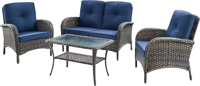 HUMMUH 4-Piece Patio Furniture Wicker Outdoor Conversation Set,All-Weather Rattan Outdoor Sofa Set Patio Chairs Coffee Table for Backyard,Porch,Deck