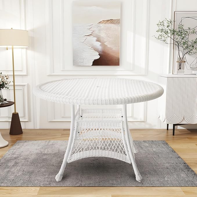Jeco Wicker Round Dining Table, 44", White