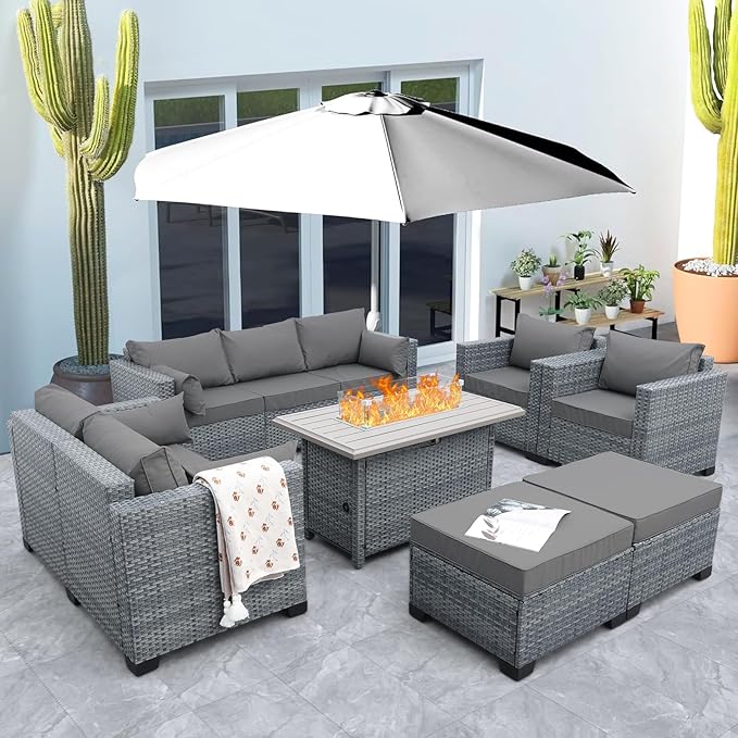 7 Piece Wicker Patio Furniture Sets Outdoor Conversation Set, PE Rattan Sectional Sofa Couch with Fire Pit Table and Non-Slip Grey Cushions, Furniture Covers Included