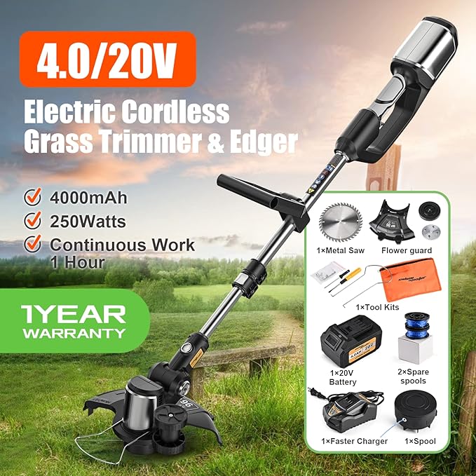 20V String Trimmer 12 Inch Edger Cordless Stringless Trimmer 4.0Ah Battery and Charger Included Electric Weed Trimmer for Lawn Patio Garden