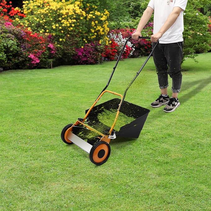 16" Walk Behind Reel Lawn Mower, Push Lawn Mowers with Grass Catcher Cordless Hand Push Reel Lawn Mower with 0.47-1.65 in Trim Height Adjustable for Villas, Homes, Backyards