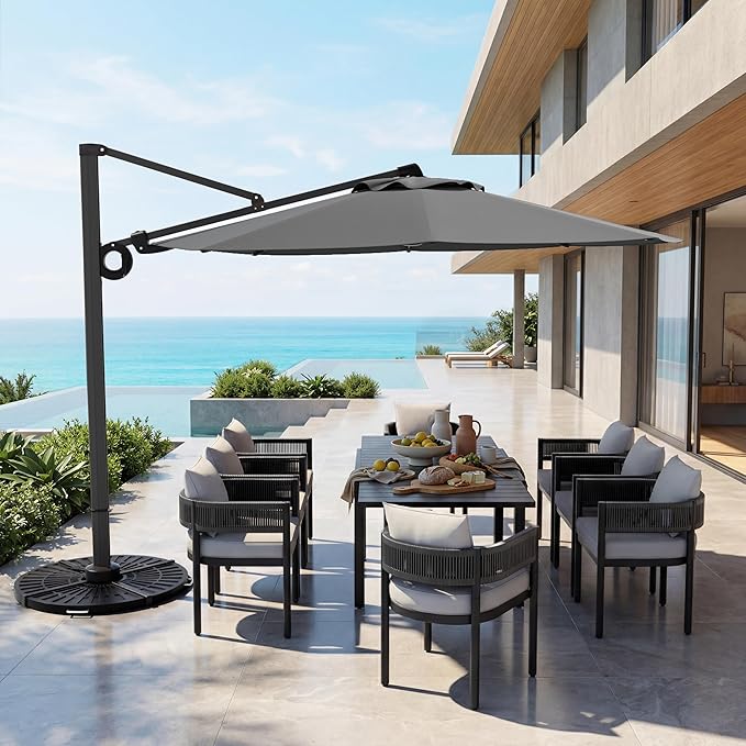 Grand patio 12 FT Patio Umbrella, Outdoor Large Round Cantilever Umbrella with 360° Rotation, Aluminum Offset Umbrella for Patio Garden Deck Pool, Dark Gray