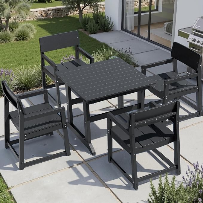 Shintenchi 5 Pieces Outdoor Dining Set,HDPE Outdoor Table and Chairs Set for 4,All Weather Patio Furniture Sets,Modern Wooden Textured Dining Sets for Backyard,Garden,Black