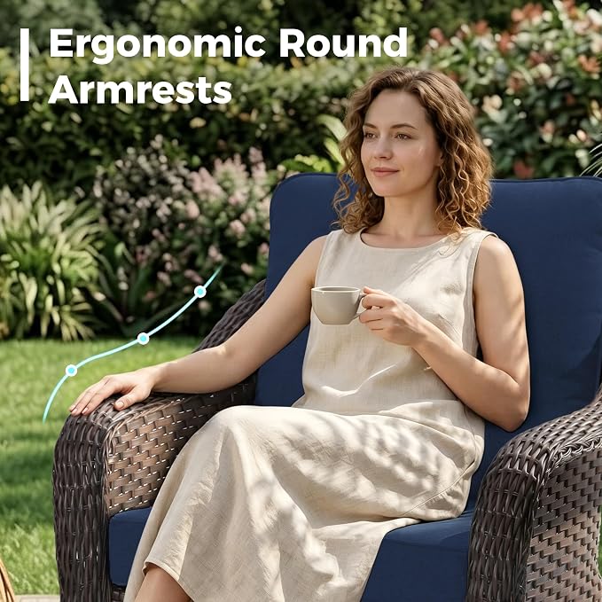 5 Piece Patio Wicker Conversation Set, All-Weather Use Outdoor Wicker Sofa with 2 PE Rattan Ottomans,2 Chair, Ideal for Porch, Backyard, Balcony, Poolside, Blue