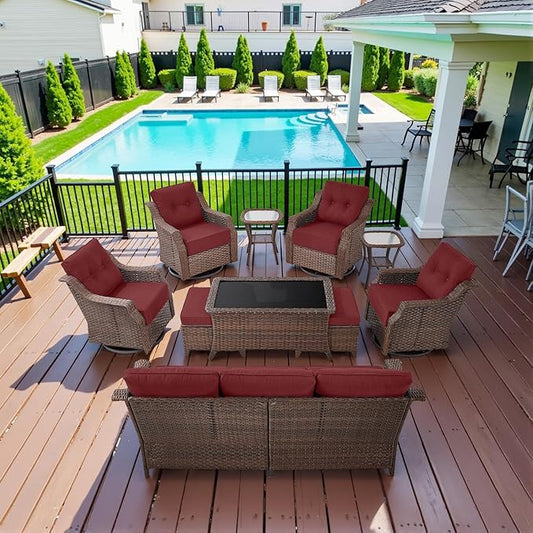 10 Piece High Back Outdoor Patio Furniture Set - Patio Conversation Set with Swivel Rocker Outdoor Chairs Set of 4 and 3 Seater Sofa, Wicker Ottoman and Coffee Table for Garden Backyard