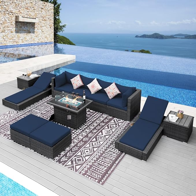 NICESOUL 11 Piece Sectional Outdoor Set with Firepit Loungers, Extra Large Backyard Seating with Fireplace, 29.3'' Highback Deep Patio Couch Sofa, All-Weather Wicker Furniture Sets for Deck, Grey&Blue