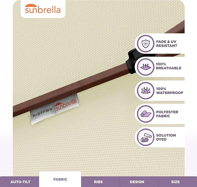 Midtown Umbrellas Wooden 2-8 Ft Patio Umbrella with 360° Swivel & Tilt Mechanism, 8 Fiberglass Ribs & Sunbrella Fabric - Outdoor Umbrella for Deck, Pool & Garden - Burgundy Canopy, Wooden Pole
