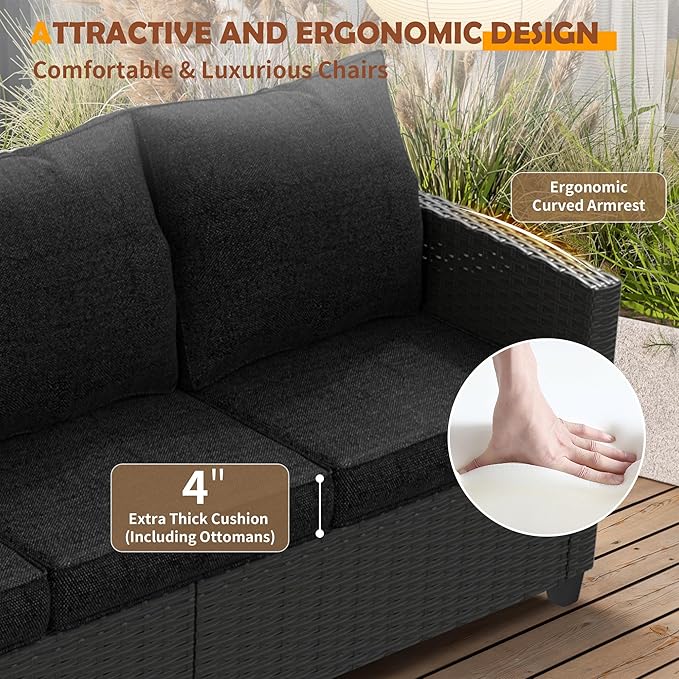 UDPATIO Patio Furniture Set, 6 Pieces Outdoor Sectional Couch with Swivel Rocking Chair, Gray Wicker Rattan Sofa with Side Table, 4" Thick Cushion for Garden Backyard Deck,Black