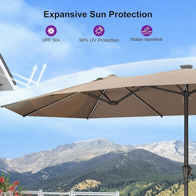 PURPLE LEAF 14ft Patio Umbrella with Solar Lights Outdoor Double-Sided Market Umbrella with Base Included Rectangle Table Umbrella for Pool Garden Backyard, Taupe