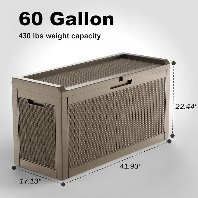 Vixzen 60 Gallon Outdoor Deck Box, Lockable Resin Waterproof Storage Box, UV Resistant, Weather Resistance, Outside Storage Bin for Gardening Tools, Pool Supplies (Grey, 60 Gallon)