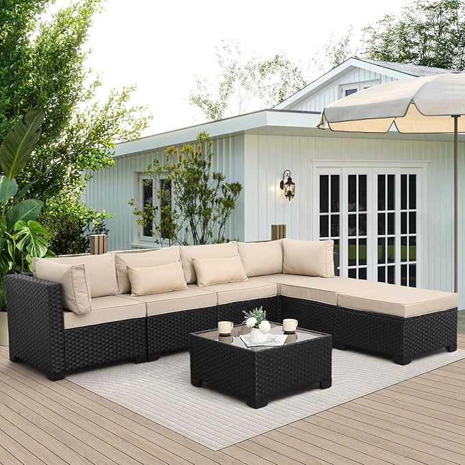 7 Pieces Outdoor PE Wicker Furniture Set Patio Rattan Sectional Conversation Sofa Set with Khaki Cushions and Glass Top Table
