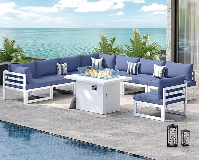 NICESOUL 8 Seat Oversized Modern Aluminum Patio Furniture Set, All Weather Rust Proof Modular Sectional Sofa with Fire Pit Table, 500 lbs Heavy Duty Comfortable Outdoor Couch for Garden, Denim Blue