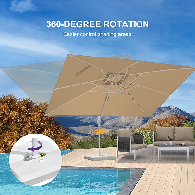 PURPLE LEAF 10' × 13' Patio Umbrella With Base White Cantilever Umbrella Square Outdoor Offset Umbrella Windproof with 360° Rotation for Garden Deck Pool, Beige