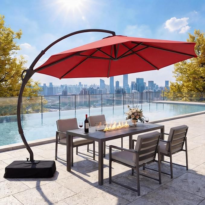 LAUSAINT HOME 12ft Patio Cantilever Umbrella with Base Included, Outdoor Curvy Round Offset Umbrella, Heavy Duty Aluminum, 360° Rotation for Pool, Deck, Lawn, Backyard (Red)