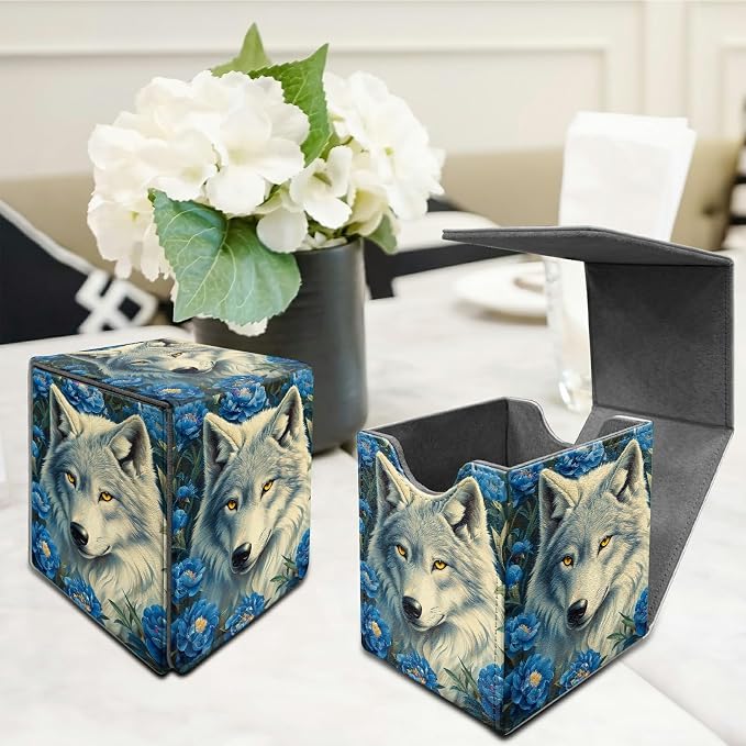 Purple Flower Wolf Card Deck Box for MTG, Personalized Card Storage Case Fits 120+ Sleeved Cards, Premium Leather TCG Box with Strong Magnetic Closure for Magic, CCG, PTCG, Baseball Cards