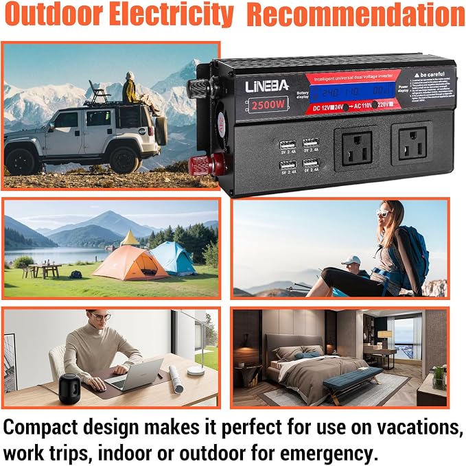 2500 Watt Power Inverter with LED Display,Dual AC Outlets,4 USB Port, 24V DC to 110V AC Converter Car Power Inverter for Car, RV, Truck, Off Grid Solar System, Camping