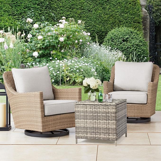 Outdoor Wicker Side Table with Lid, All-Weather Rattan Side Table with Storage, 27-Gallon Capacity, Water-Resistant Wicker Patio Table, for Outdoor Patio and Garden, Grey